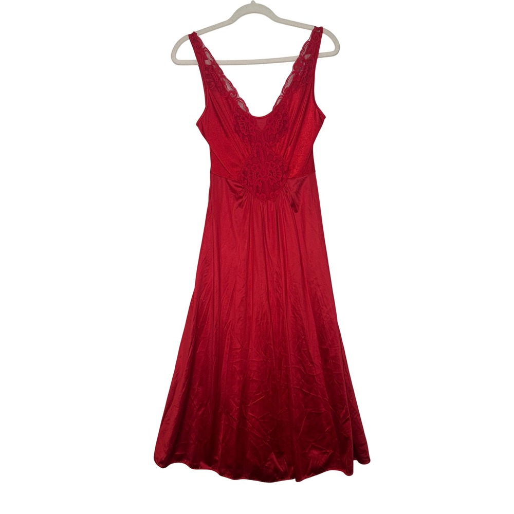 Vanity‎ Fair Vintage Red Satin Lace Nightgown Maxi Dress Sleepwear Red Medium